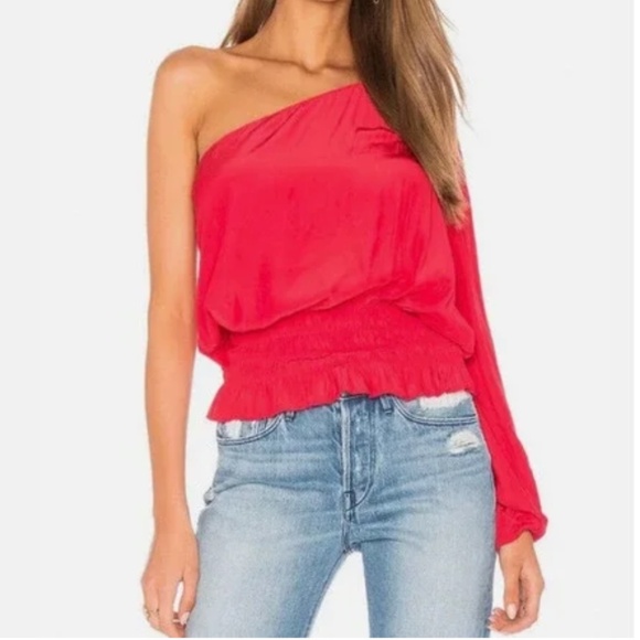 RAMY BROOK EUC One Shoulder Sleeve Shirred Detail Top in Black Size S - Picture 2 of 6